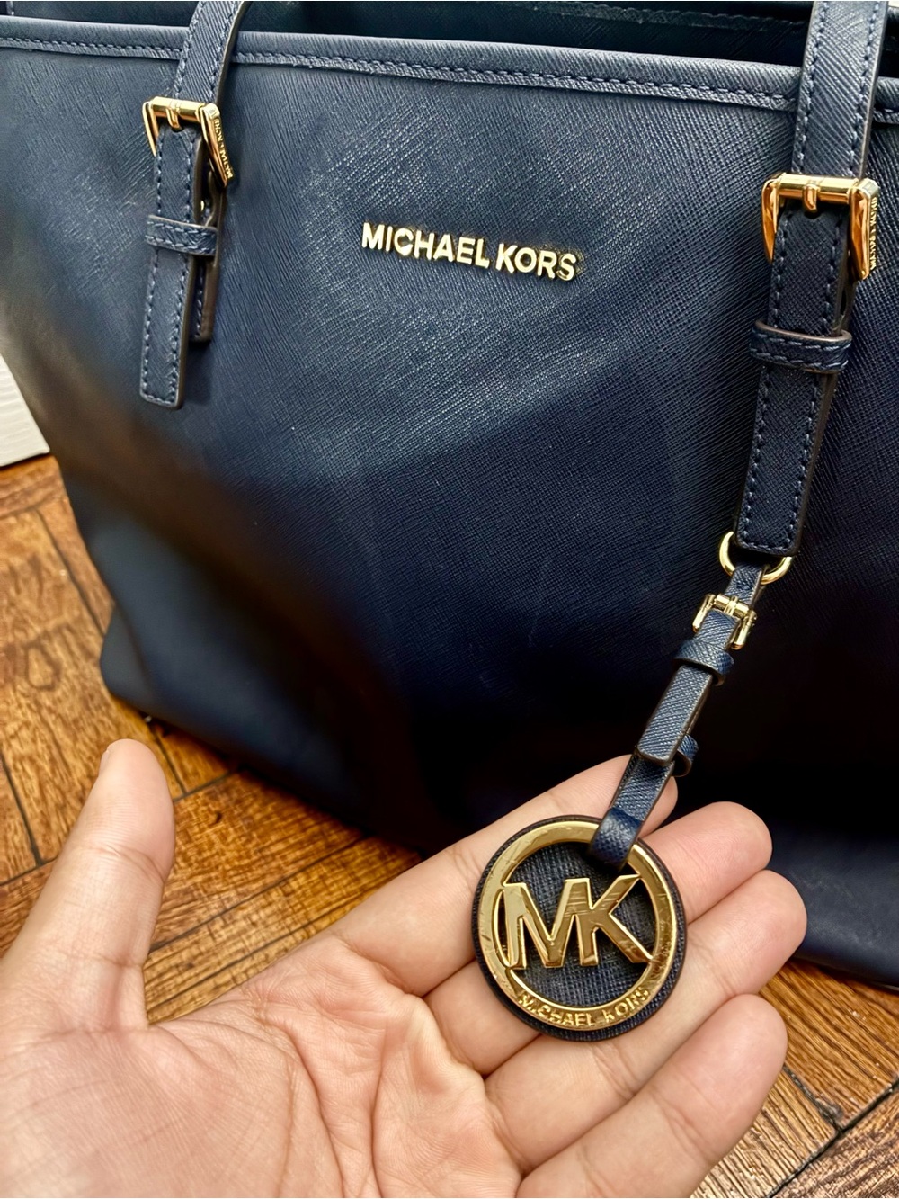 Michael Kors Dark Blue Saffiano Leather Tote with Gold Accents - Picture 4 of 7